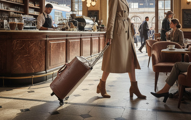 Med trolley: en bild på väskan när den rullas på hjul.